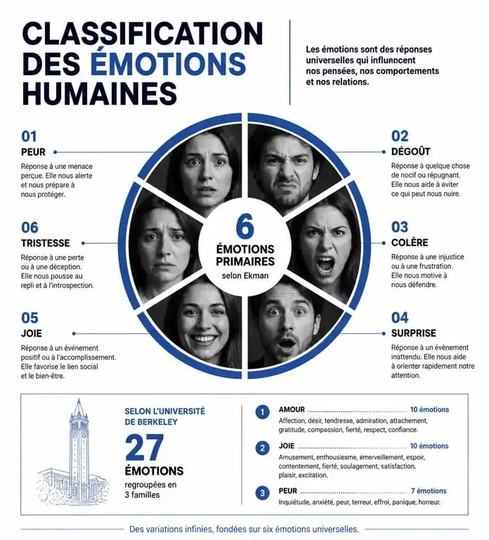 Infographie illustrant les différentes émotions humaines et les modèles psychologiques de classification