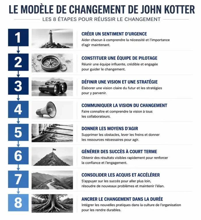 Infographie des 8 étapes du modèle de Kotter pour la conduite du changement