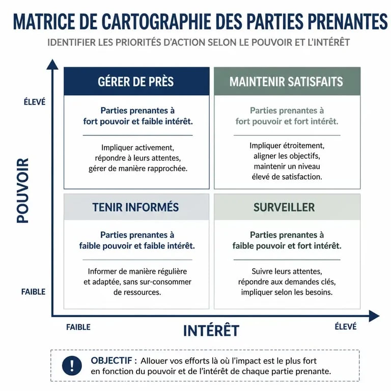 Matrice de stakeholder mapping : cartographie des parties prenantes selon le pouvoir et l'intérêt