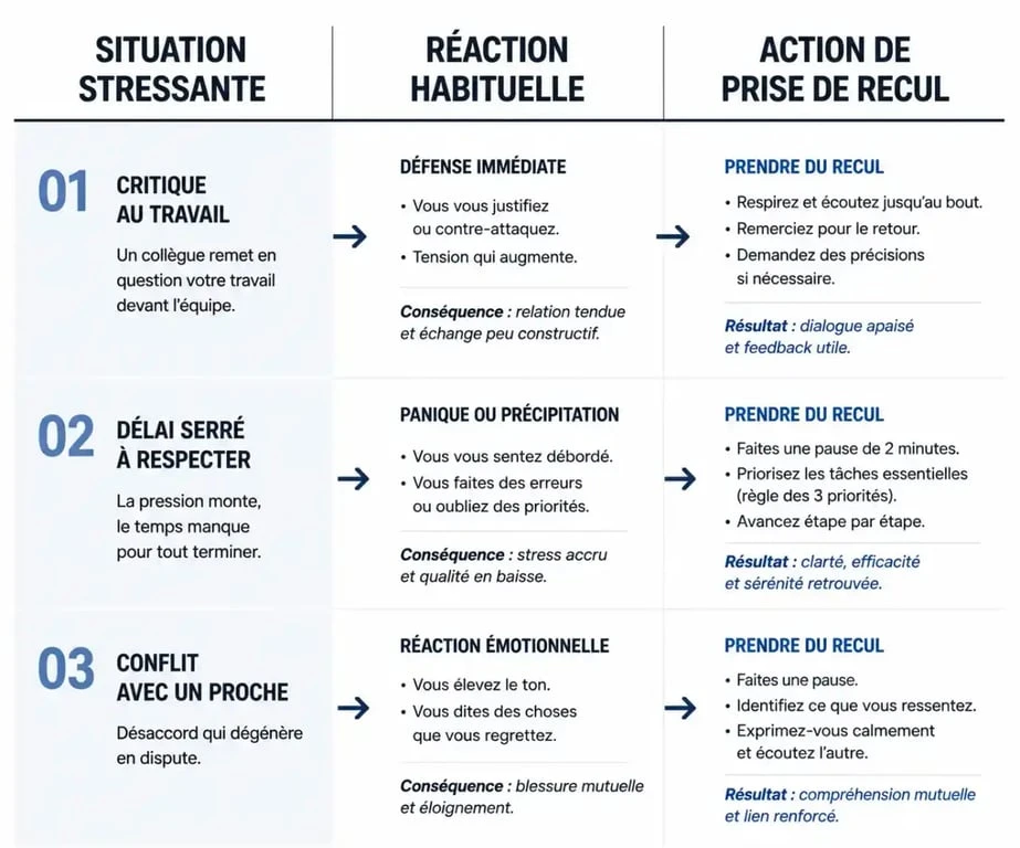 Infographie sur les méthodes pour prendre du recul au travail et gérer le stress professionnel.