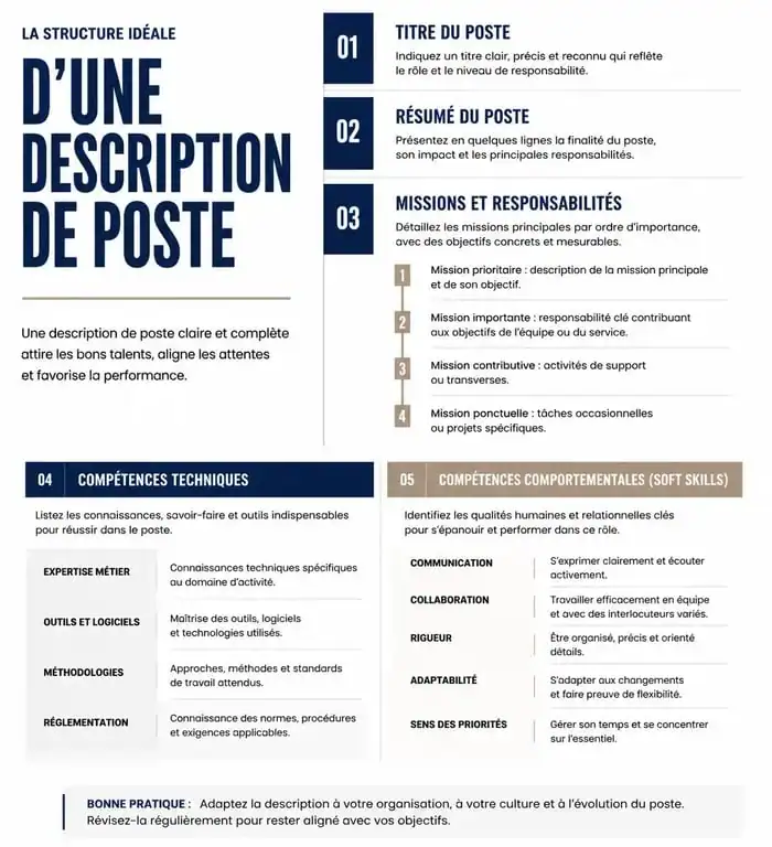 Infographie résumant les éléments clés d'une job description efficace pour le recrutement