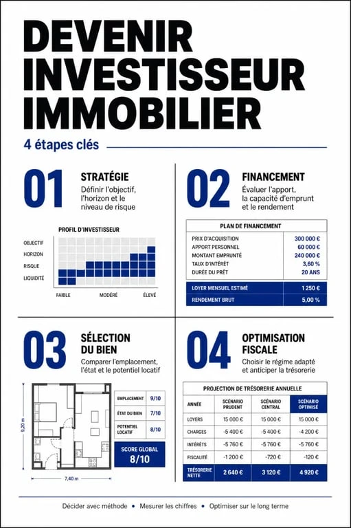 Infographie des étapes pour devenir investisseur immobilier