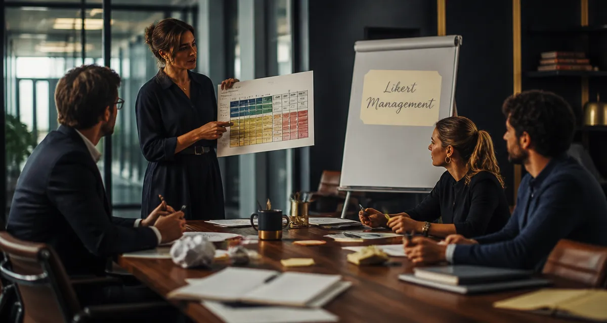 Likert management system : manager et équipe ajustent des post-it en réunion