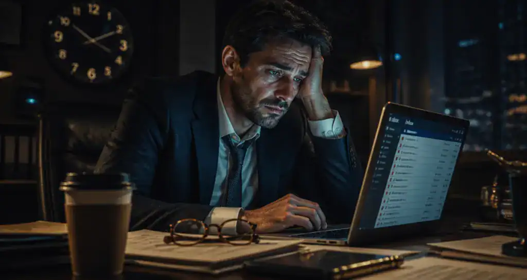 Surmenage symptôme homme fatigué au bureau le soir