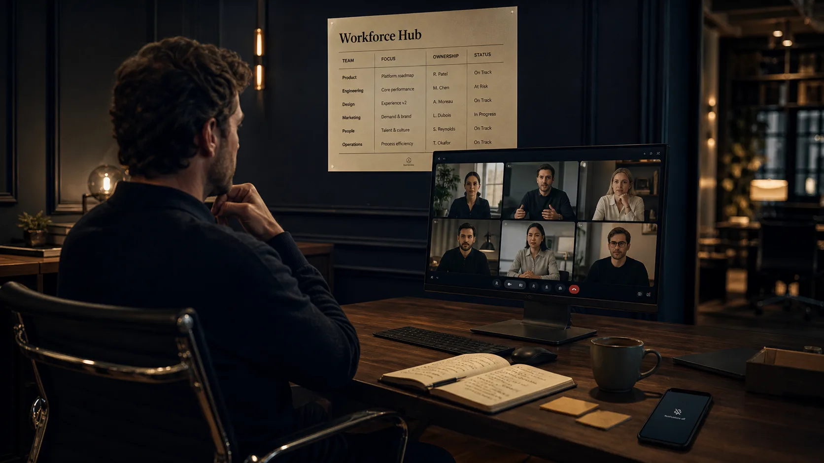 Gestion équipe remote avec workforce hub setup, réunion sur écran partagé