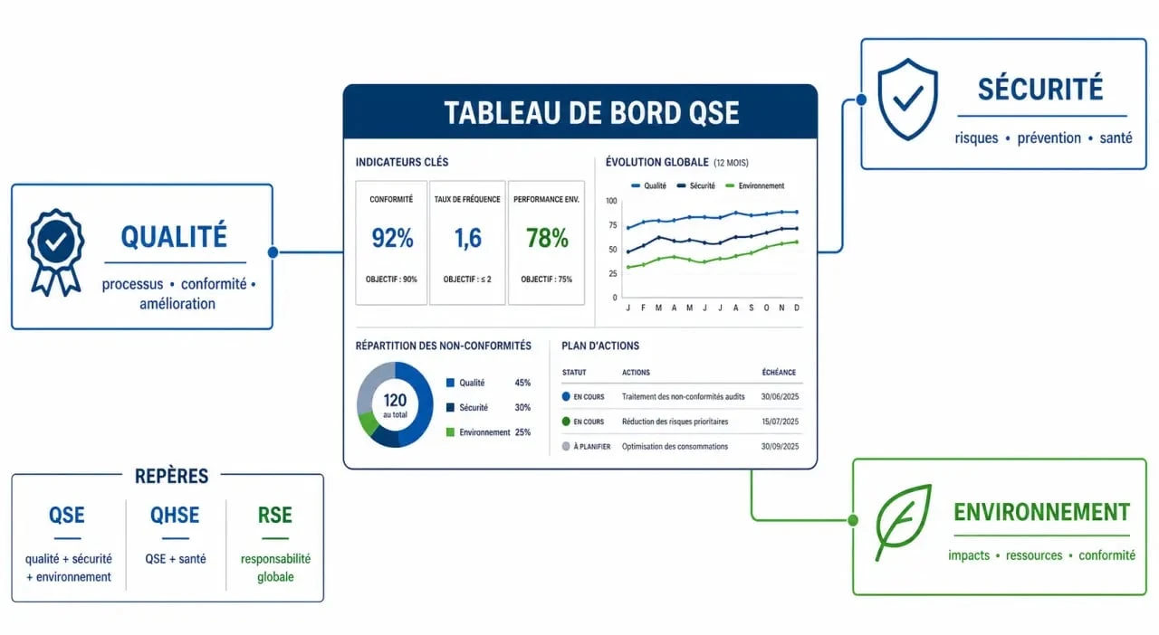 QSE entreprise : schéma comparatif des piliers qualité, sécurité et environnement