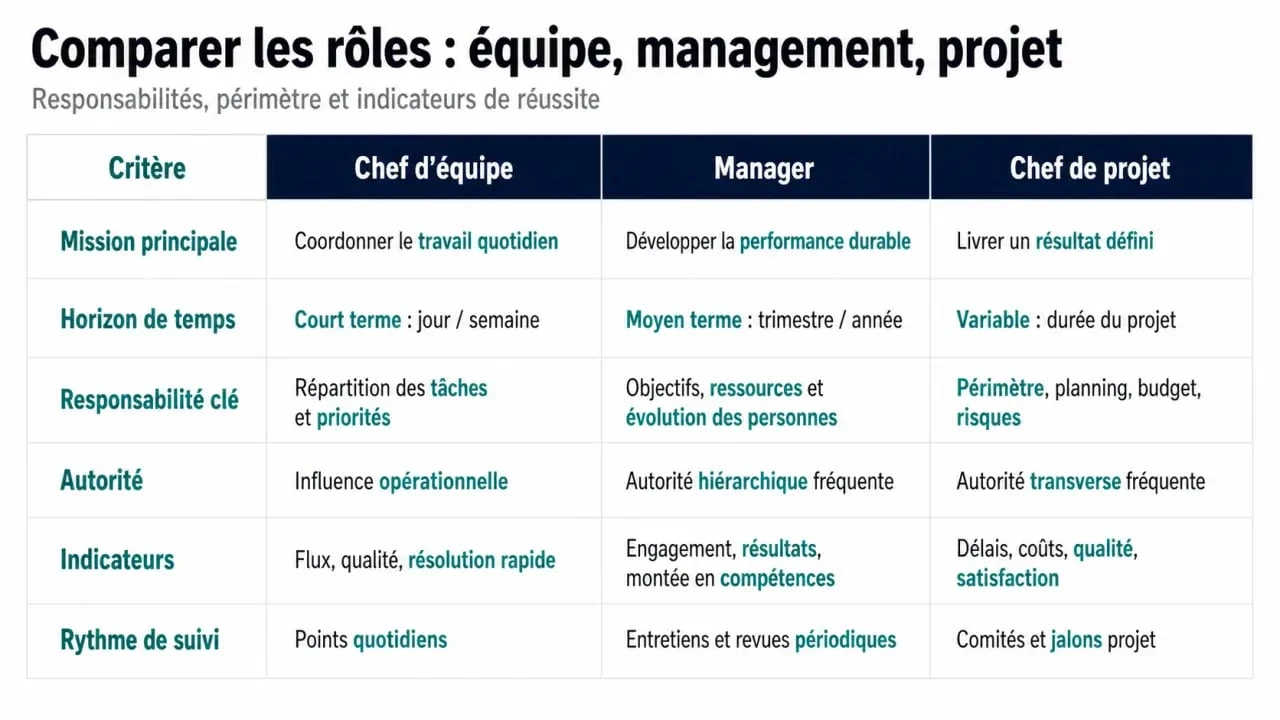 Tableau comparatif des rôles : team leader, manager et chef de projet pour comprendre le leadership