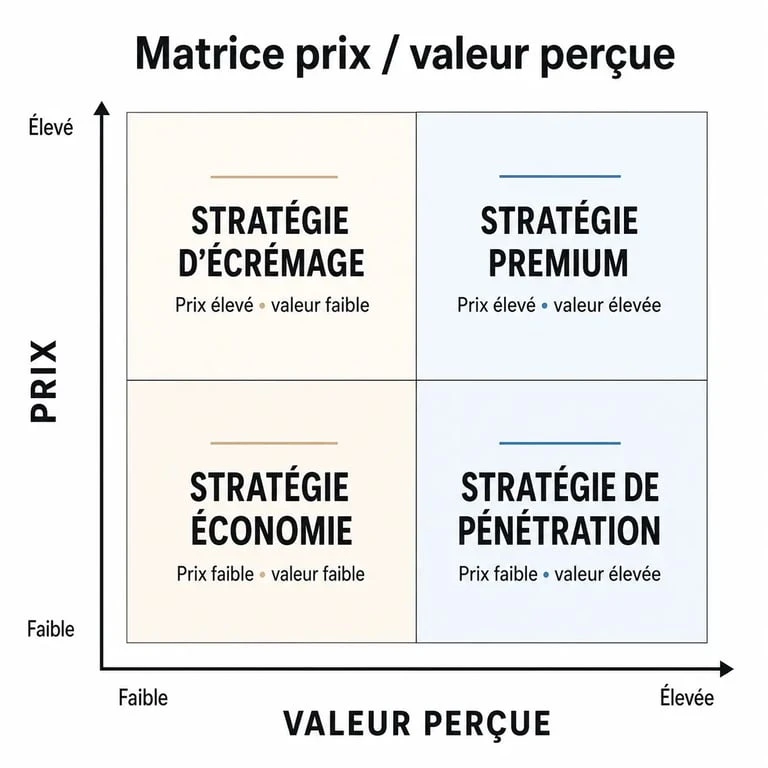 Matrice de positionnement prix : relation entre le prix et la valeur perçue pour définir sa stratégie commerciale