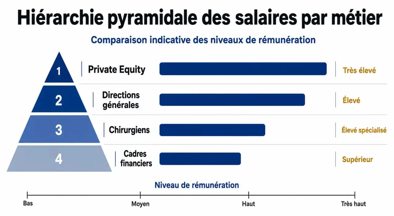 Infographie sur les métiers les mieux payés au monde et les salaires moyens par profession.