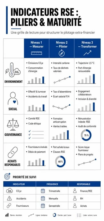 Indicateurs RSE par pilier et niveau de maturité dans une infographie éditoriale