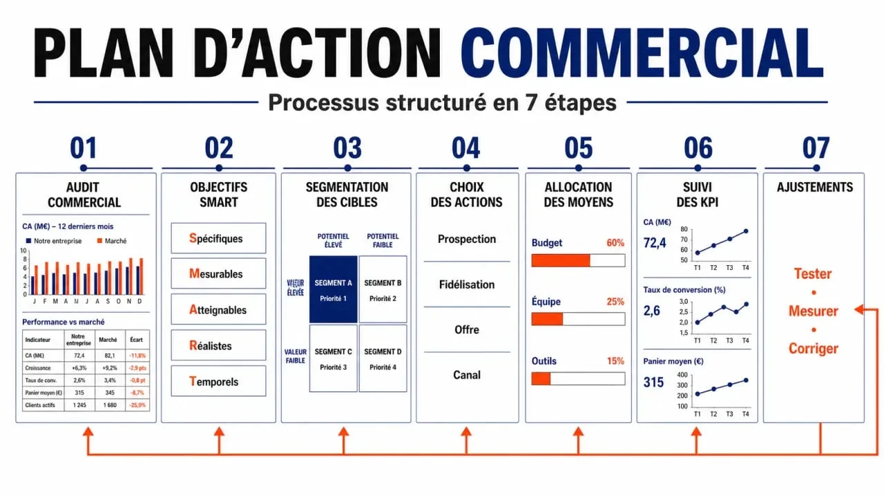 Plan d action commerciale illustré avec les étapes clés : audit, objectifs, cibles, actions et KPI