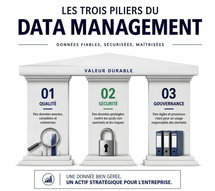 Les trois piliers du data management : qualité, sécurité et gouvernance.