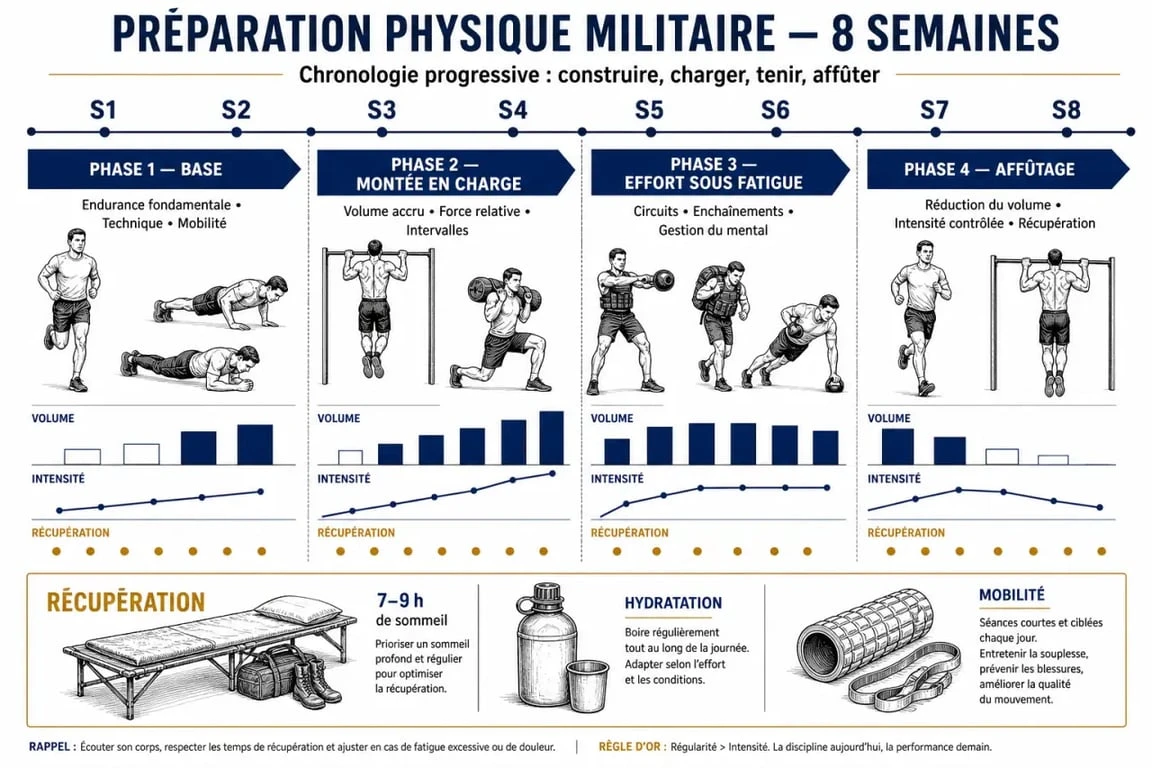 Préparation physique militaire pdf : planning visuel sur 8 semaines avec course, pompes, tractions, gainage et récupération