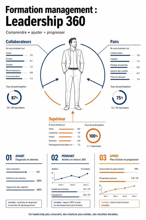 Formation management méthode leadership 360 illustrée par un manager et un cercle de feedback