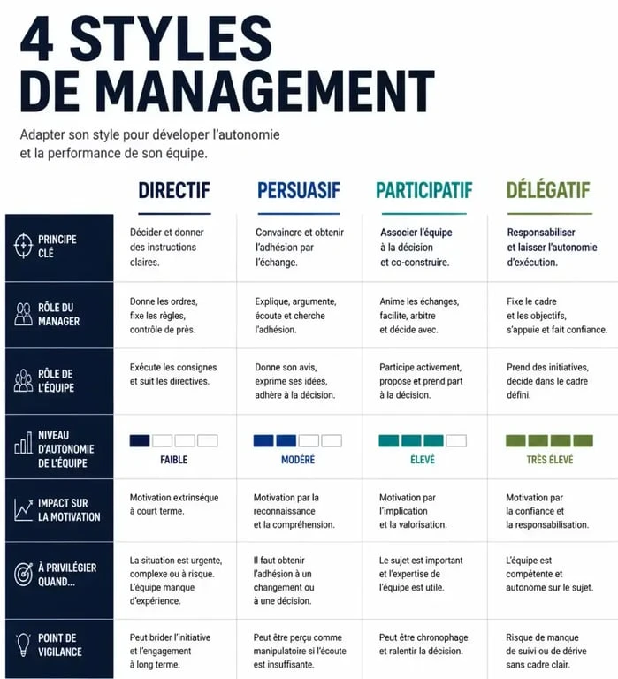 Infographie comparative des styles de management : directif, persuasif, participatif et délégatif