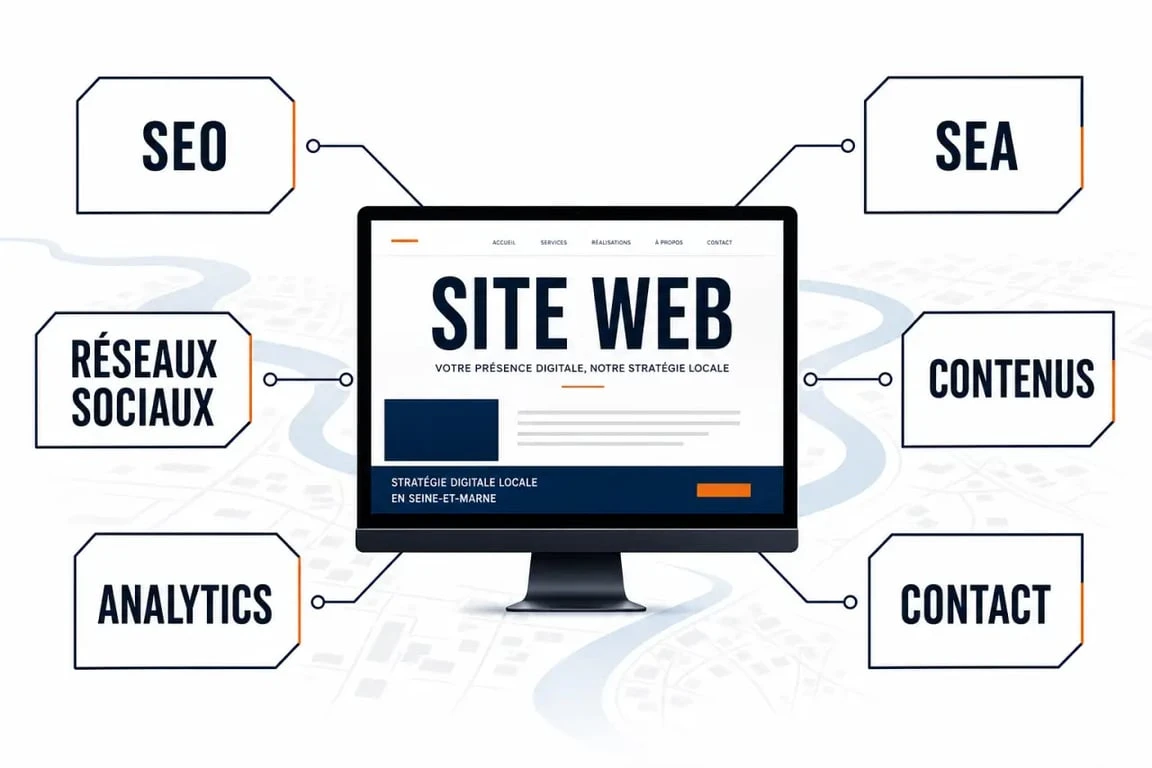 Illustration d’une stratégie digitale 77 avec SEO, SEA, site web et social media en Seine-et-Marne