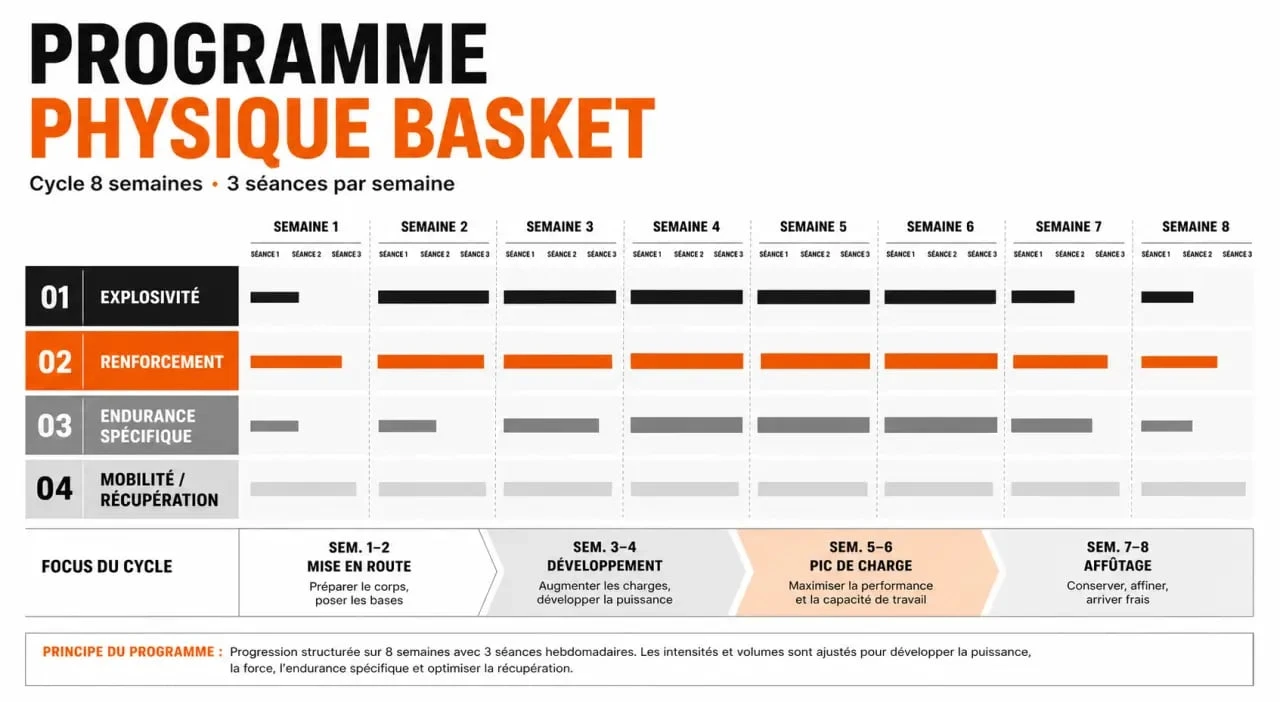Programme préparation physique basket pdf : infographie éditoriale du cycle de 8 semaines et des 4 blocs d’entraînement
