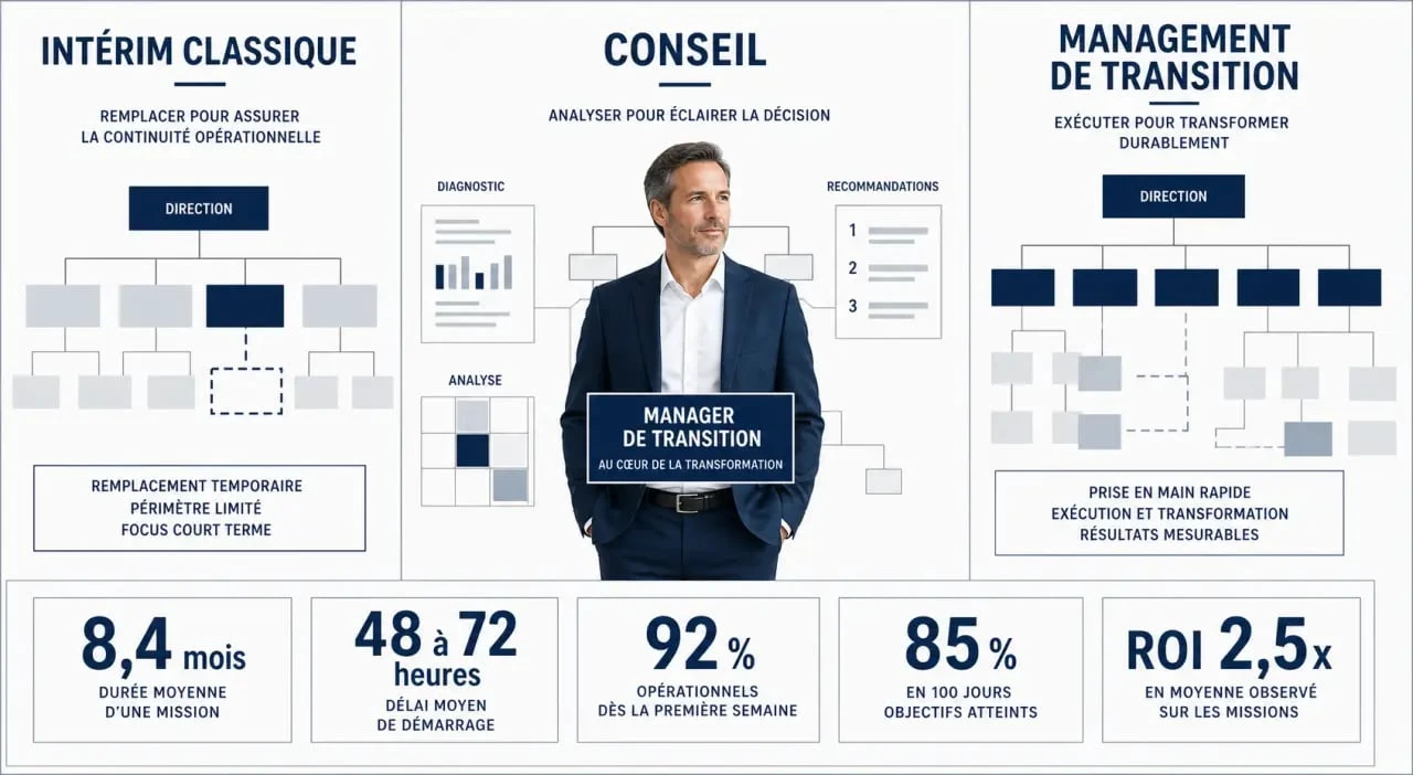 Interim management magazine : comparatif éditorial entre intérim classique, conseil et management de transition avec chiffres clés