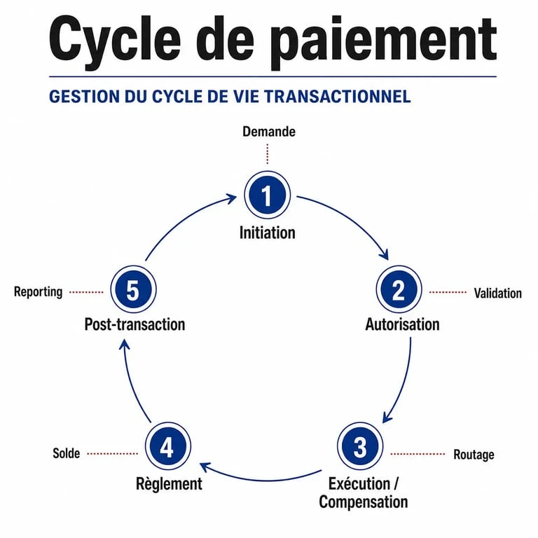 Transaction lifecycle management : schéma des 5 étapes du cycle de paiement