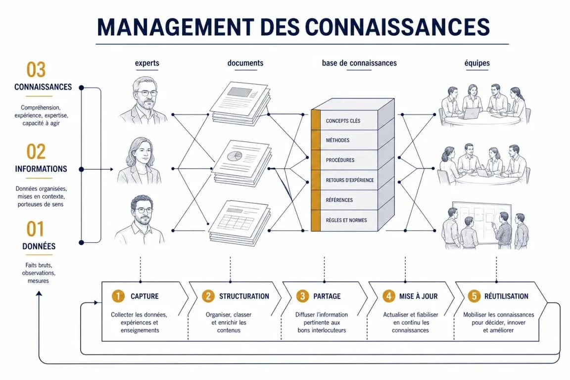 Schéma du knowledge management montrant la circulation des connaissances dans une organisation