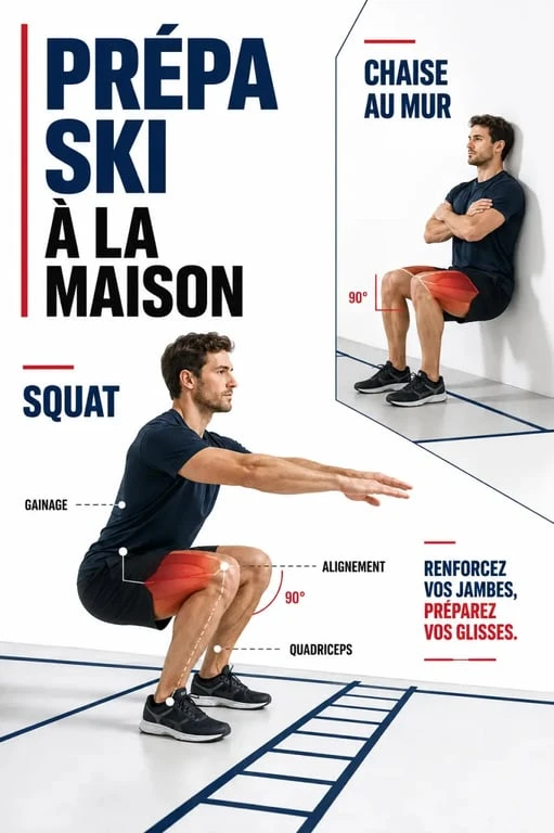 Préparation physique au ski avec squat et chaise contre un mur