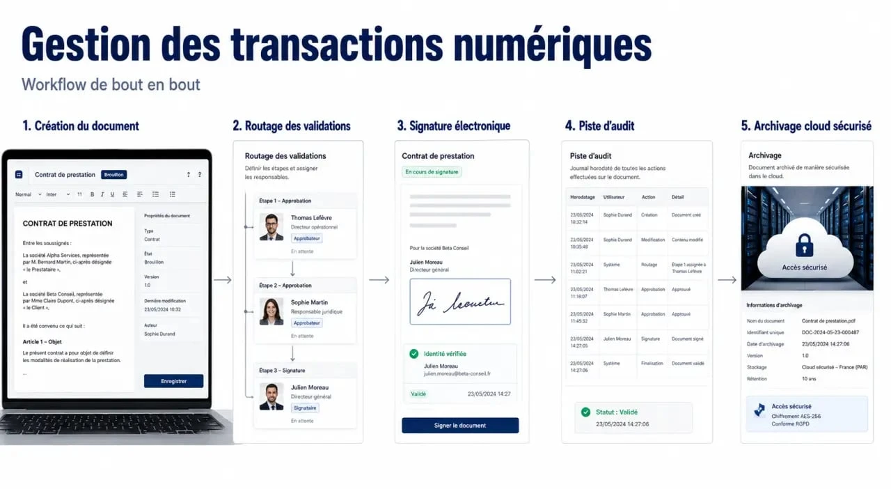Schéma du digital transaction management montrant le workflow de création, routage, signature, audit trail et archivage sécurisé