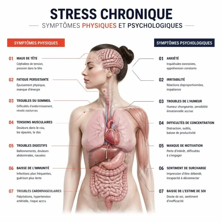 Schéma des symptômes physiques et psychologiques liés à la gestion du stress