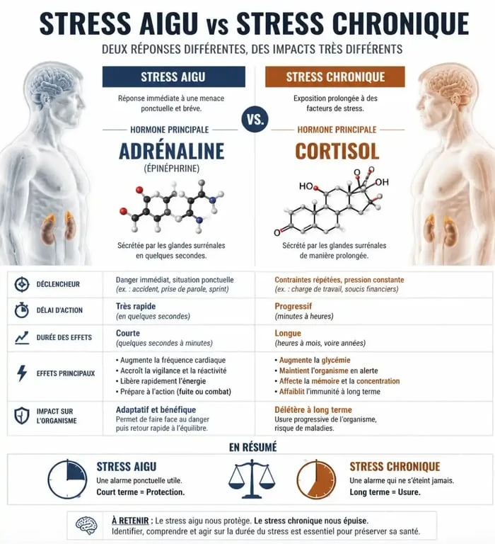 Infographie comparant stress aigu et stress chronique pour une meilleure gestion du stress