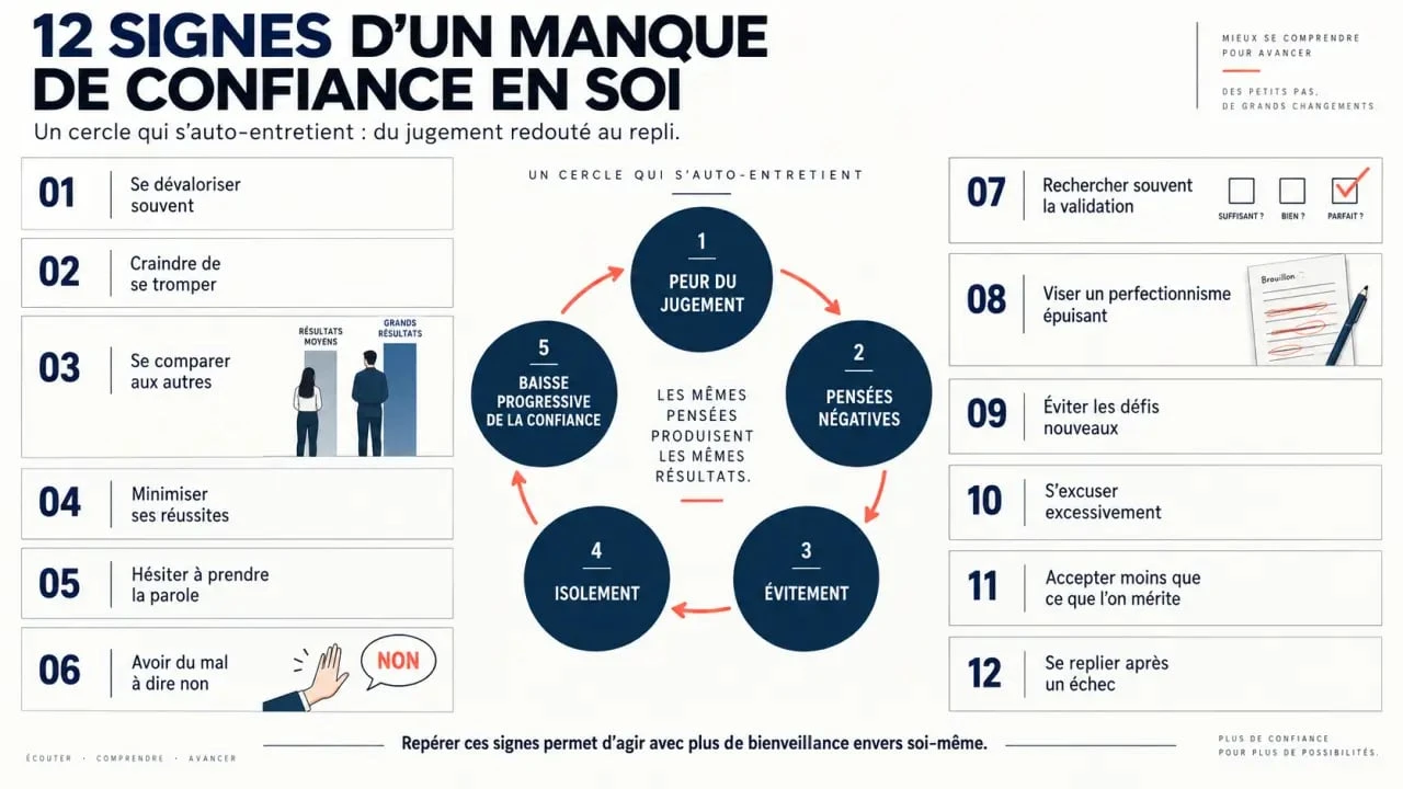Infographie des 12 signes de manque de confiance en soi et du cycle entre peur du jugement, évitement et isolement