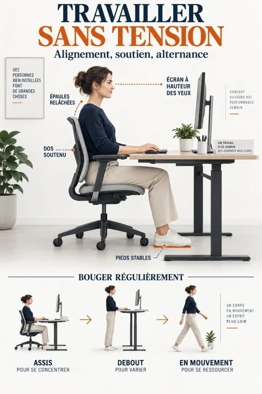 Schéma de posture au travail avec réglage ergonomique du siège, de l’écran et des périphériques