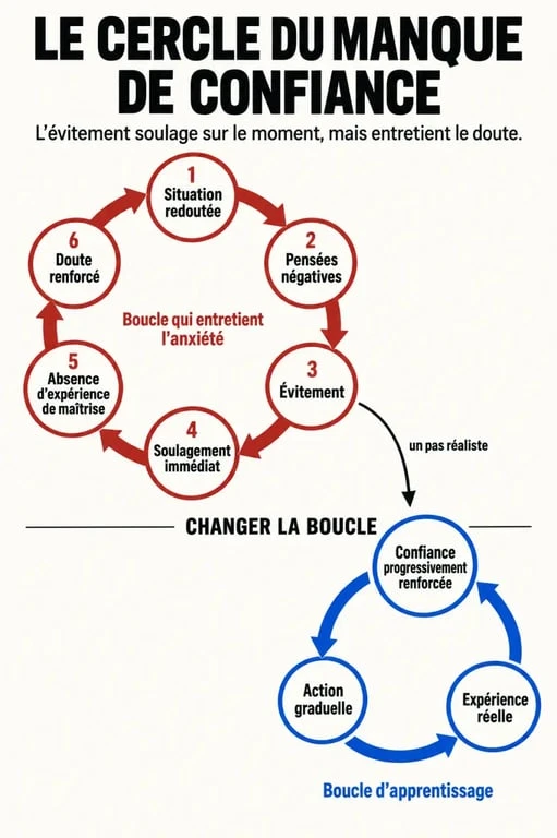 Schéma de psychologie sur le cercle du manque de confiance en soi et les actions graduelles