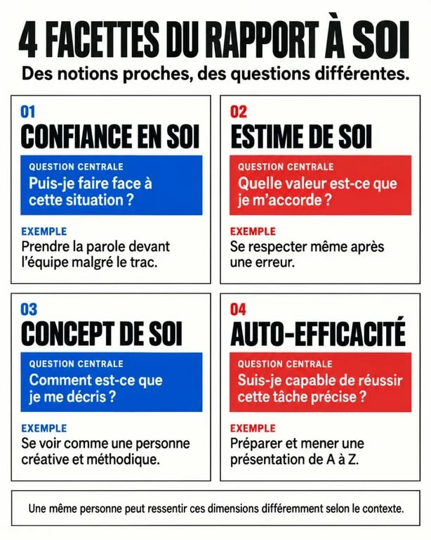 Infographie sur la confiance en soi psychologie et ses différences avec l'estime de soi, le concept de soi et l'auto-efficacité