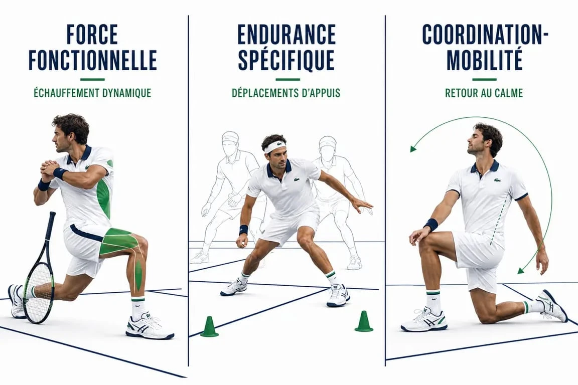 Tennis préparation physique : schéma éditorial des trois axes force, endurance et coordination sur le court