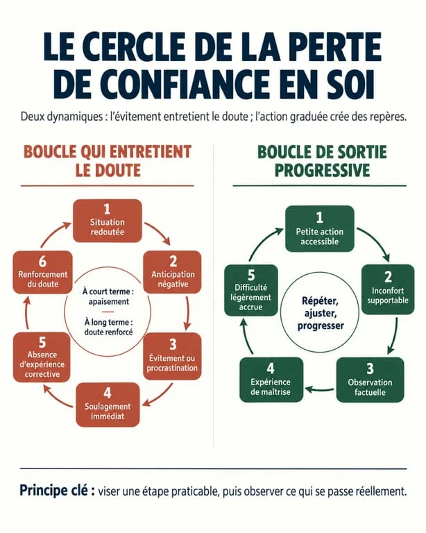 Infographie sur le manque de confiance en soi et le cercle peur évitement action progressive