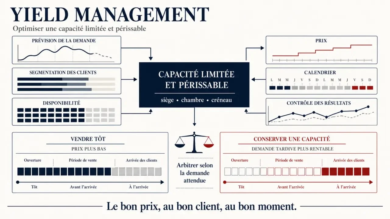Schéma du fonctionnement du yield management entre demande, prix, capacité et calendrier