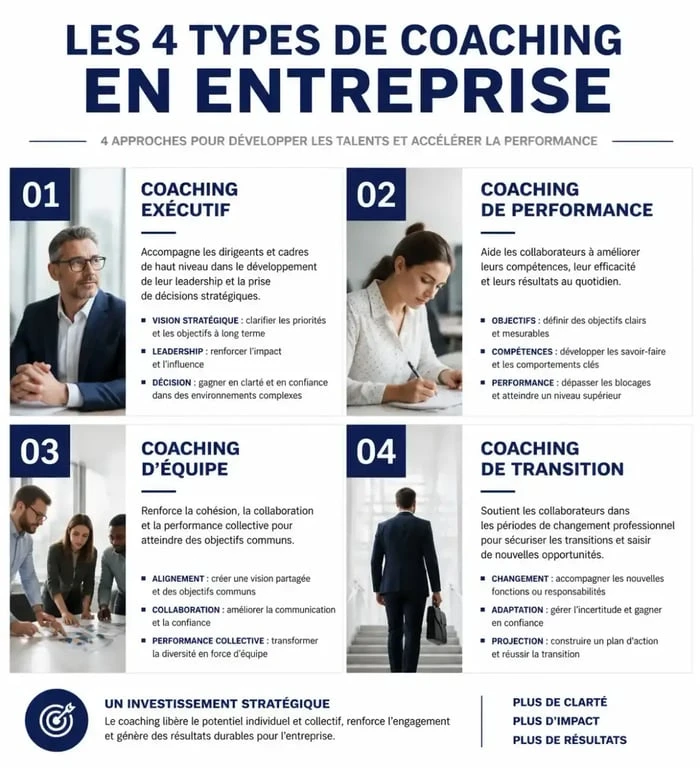 Typologie du coaching en entreprise : exécutif, performance, équipe et transition.
