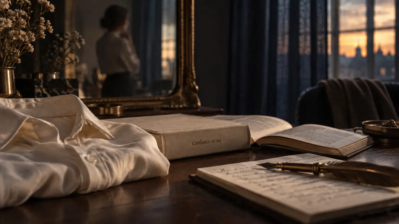 La confiance en soi une philosophie, carnet et livre sur table, action et liens