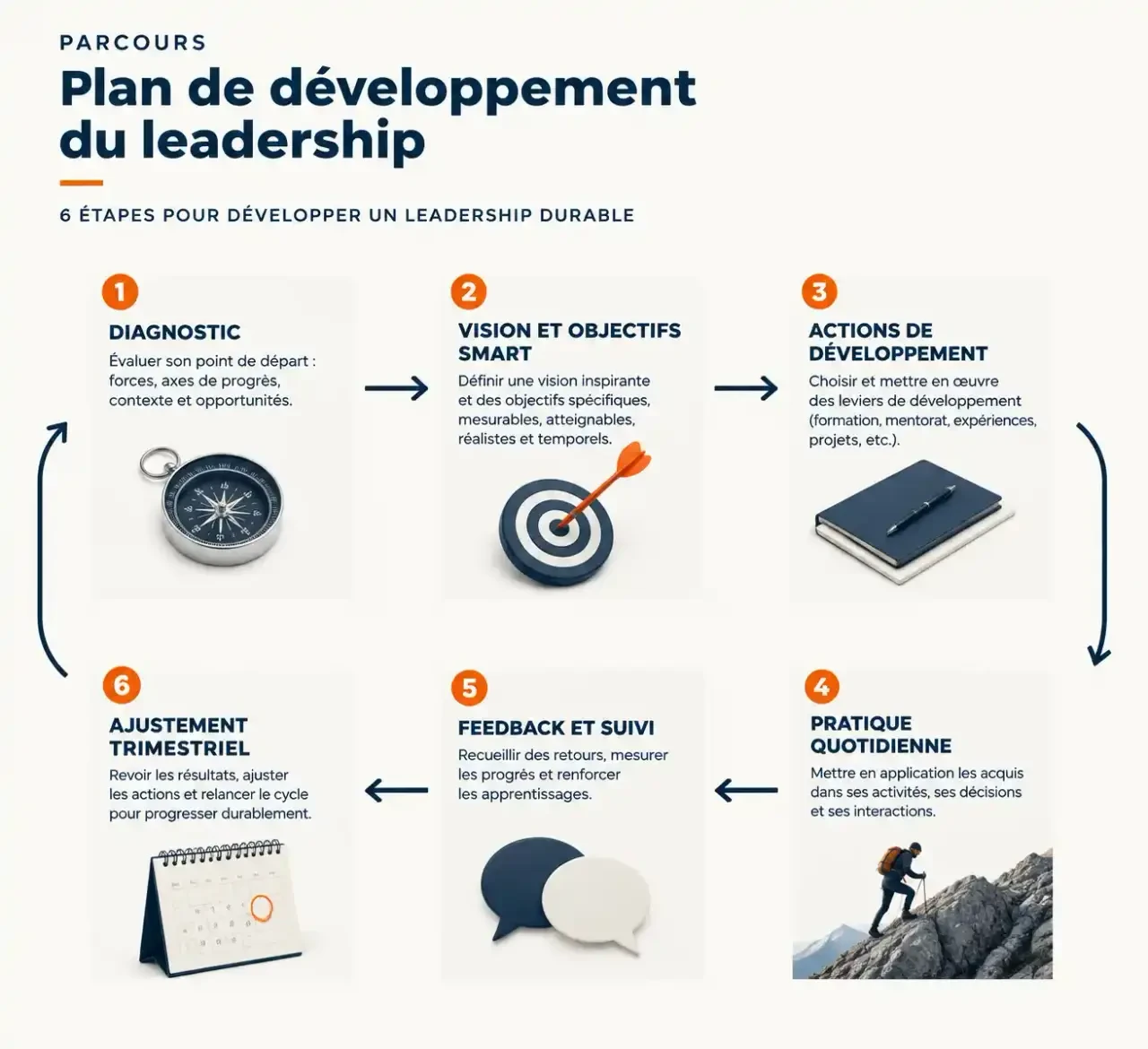 Schéma du parcours d'un leadership plan : diagnostic, objectifs SMART, actions, pratique, feedback et ajustement