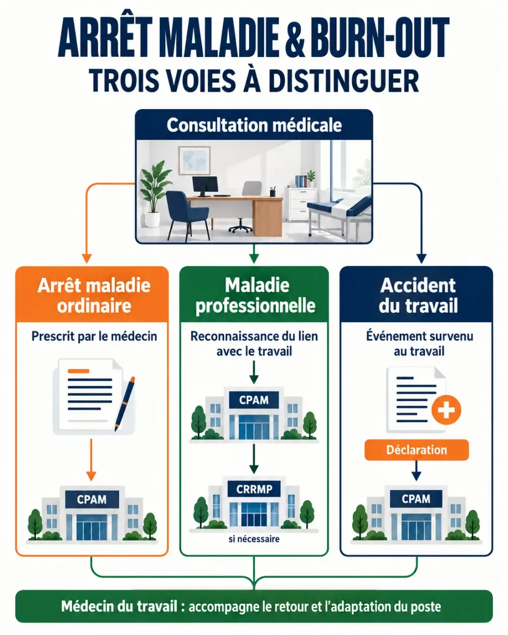 Infographie sur l’arrêt maladie burn-out, la maladie professionnelle et l’accident du travail