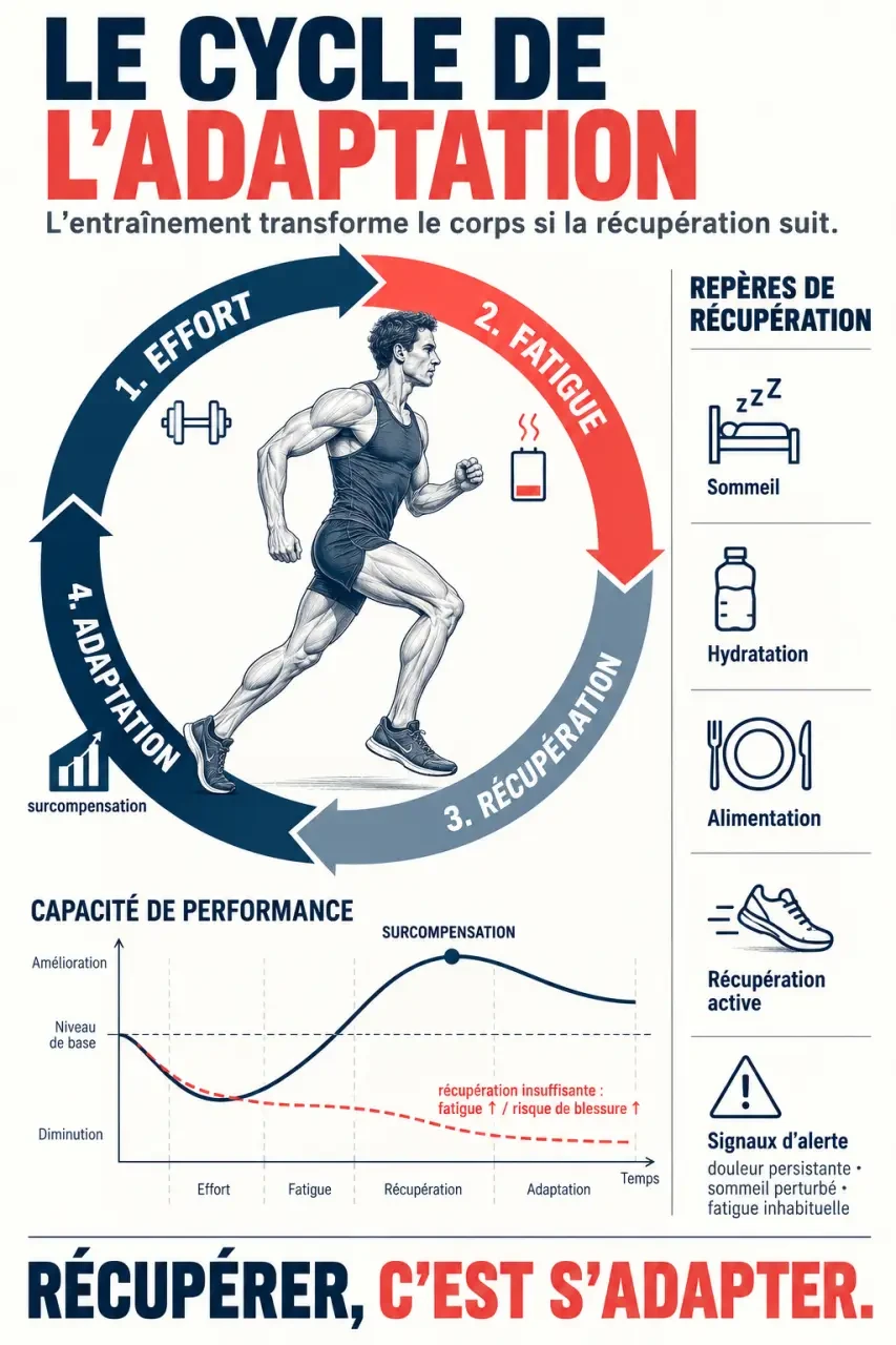 Infographie sur le cycle de récupération sportive, de la fatigue à la surcompensation