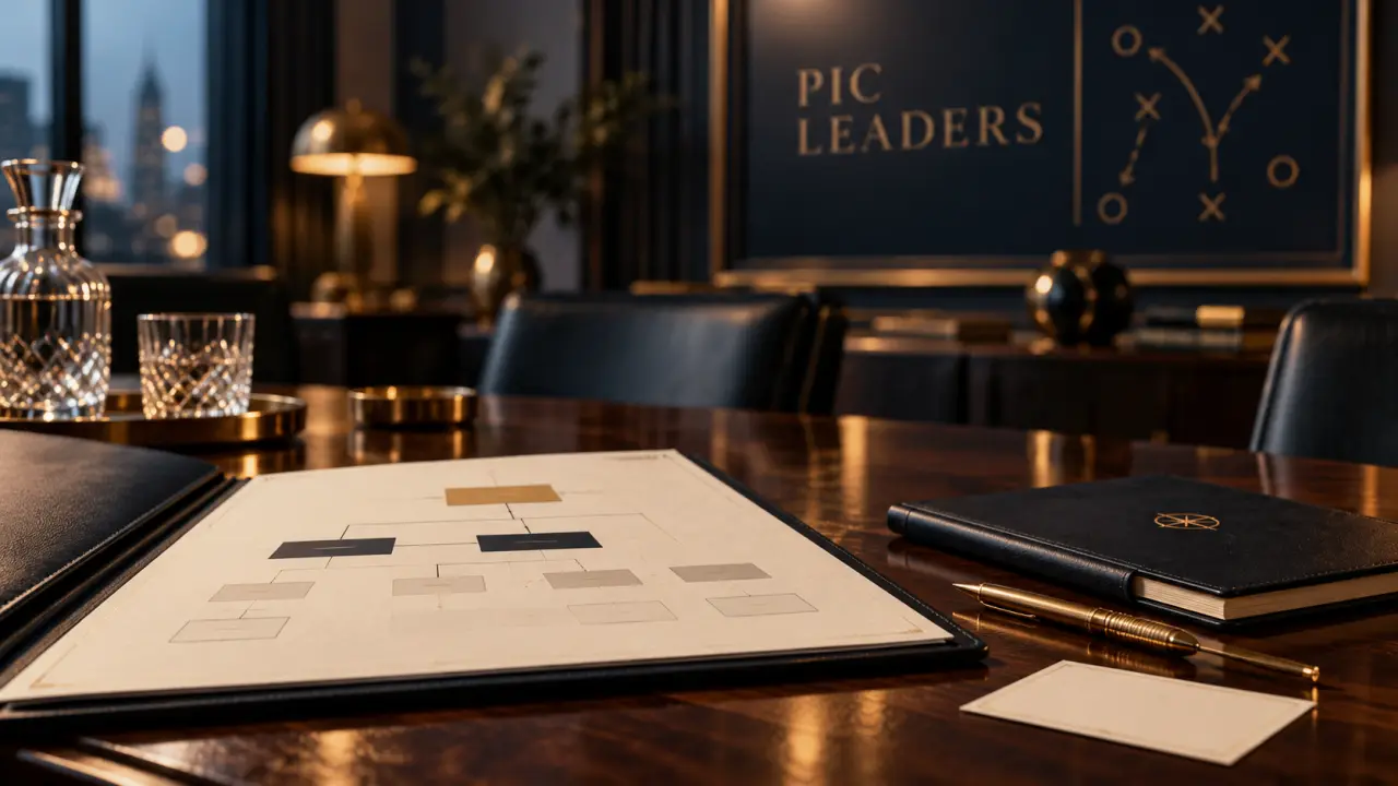 pic leadership : organigramme sur table bois, salle de réunion premium